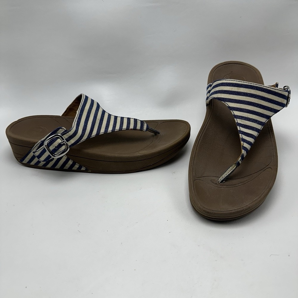 FitFlop The Skinny Thong Wedge Sandals Nautical  Blue White Stripe Womens Size 7